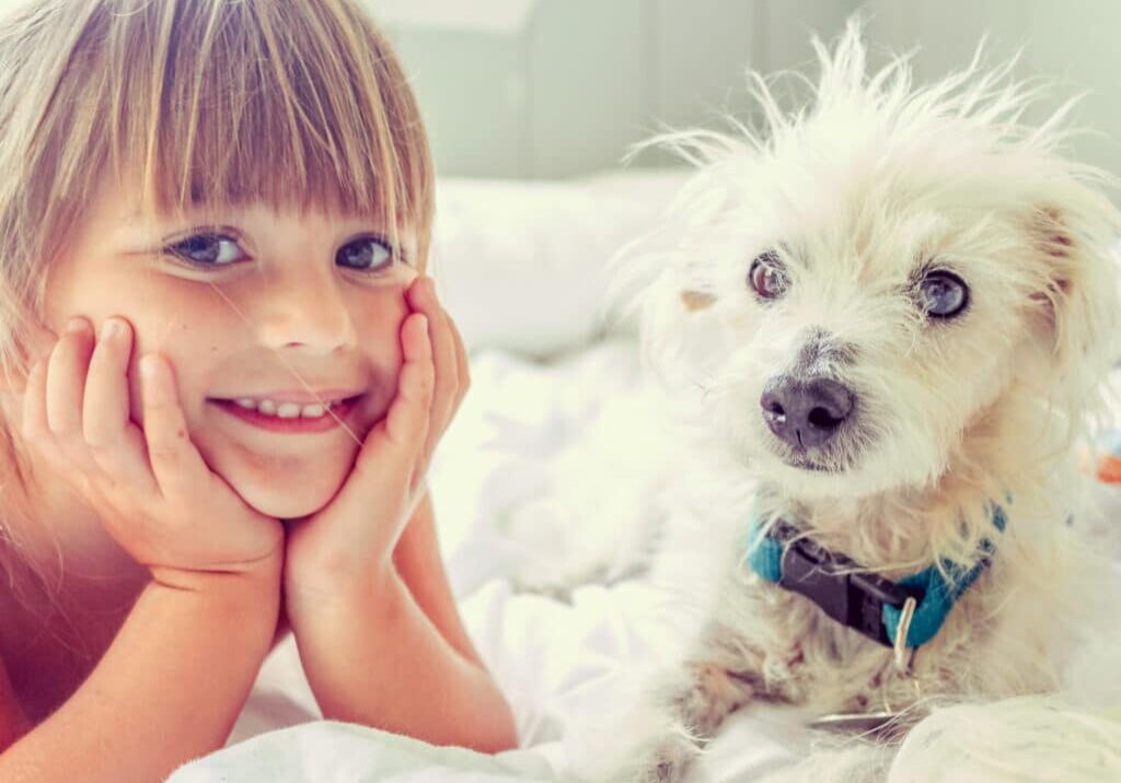 Little girl and little dog in bright morning light